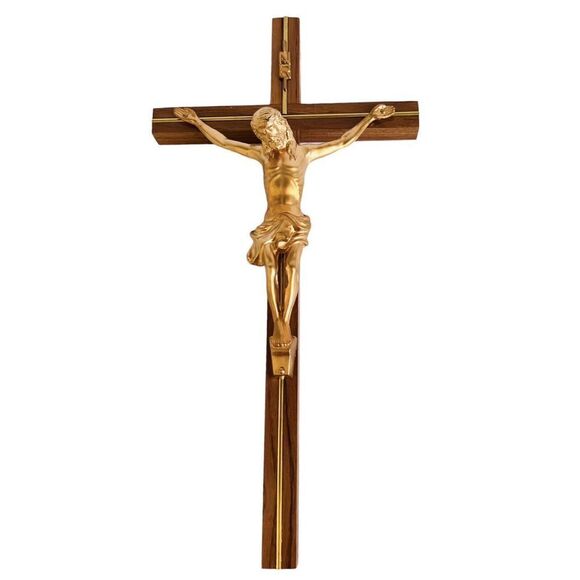 Autom Hanging Wood Catholic Christian Crucifix Cross Gold Gild Jesus INRI 12“ - Picture 1 of 10